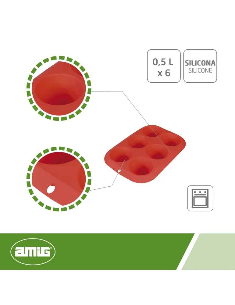 Molde HORNO 6 CAVIDADES - 0,5 l x 6 - Silicona - Rojo