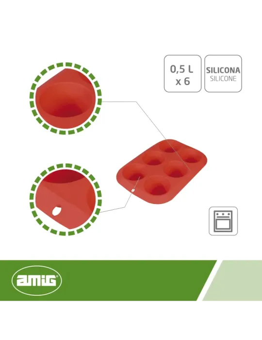 Molde HORNO 6 CAVIDADES - 0,5 l x 6 - Silicona - Rojo