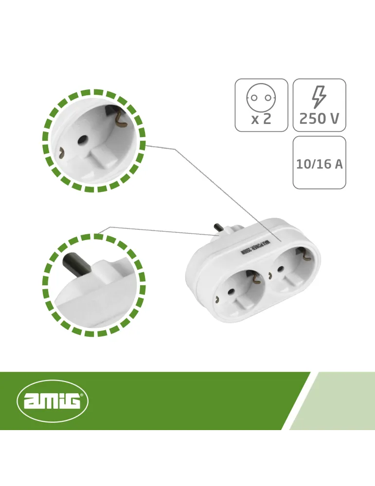 Adaptador schuko de 2 vías 3209 - 76 x 93 x 50 mm - Policarbonato - Blanco