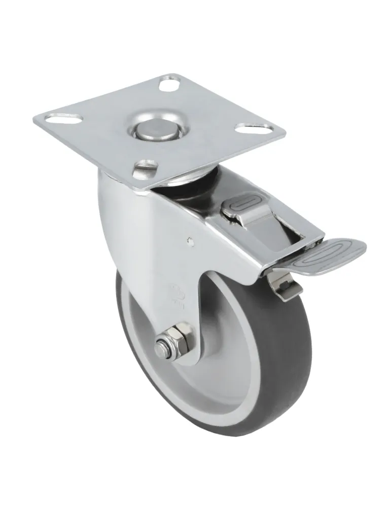 Rueda con pletina y freno 2560 - Ø100 mm - Acero inoxidable 18/8 - Gris