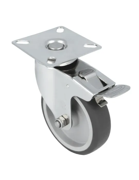 Rueda con pletina y freno 2560 - Ø100 mm - Acero inoxidable 18/8 - Gris