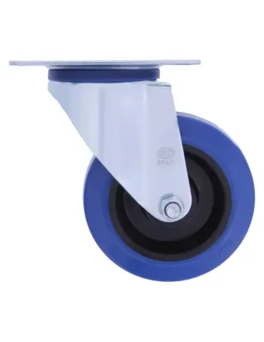 Rueda con pletina y freno 2700 - Ø100 mm - Goma - Azul