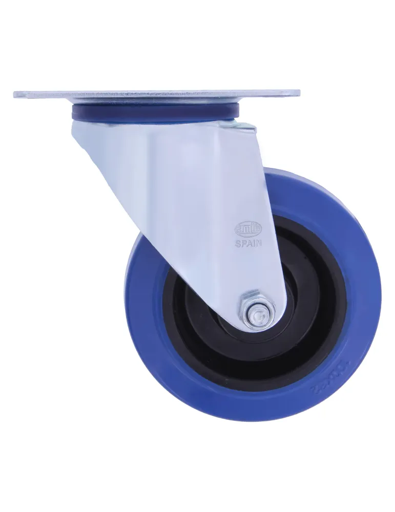 Rueda con pletina y freno 2700 - Ø100 mm - Goma - Azul