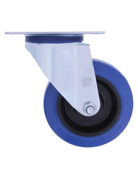 Rueda con pletina y freno 2700 - Ø100 mm - Goma - Azul