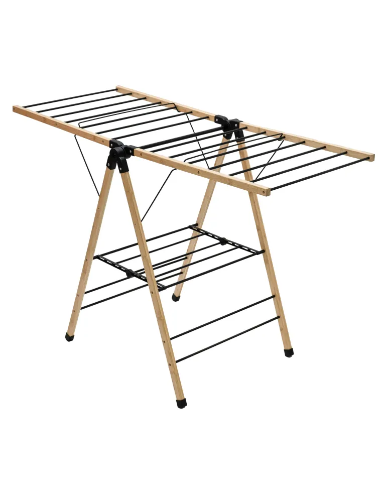 Tendedero alas plegables AERIA-N13M - 137 x 62 x 92 cm - Acero / Bambú - Negro/Bambú