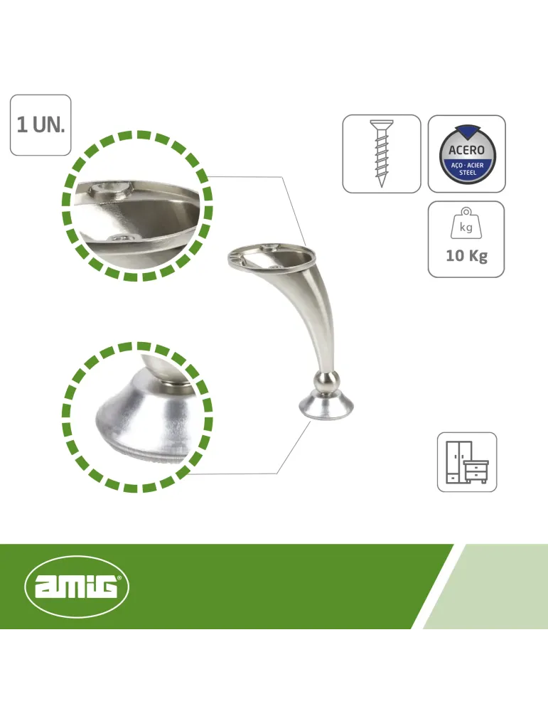 Pata para mueble 13 - 120 mm - Zamak - Níquel cepillado