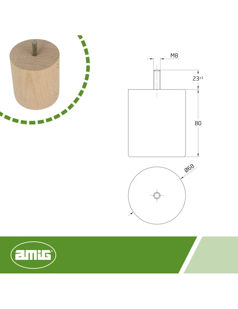 Pata para mueble 31 - Ø68 x 80 mm - Madera - Haya