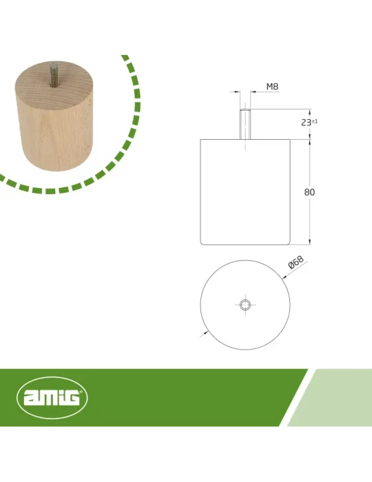 Pata para mueble 31 - Ø68 x 80 mm - Madera - Haya