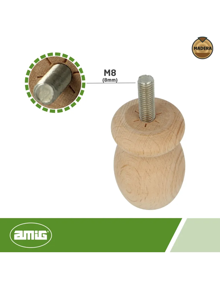 Pata para mueble 33 - Ø36 x 55 mm - Madera - Haya