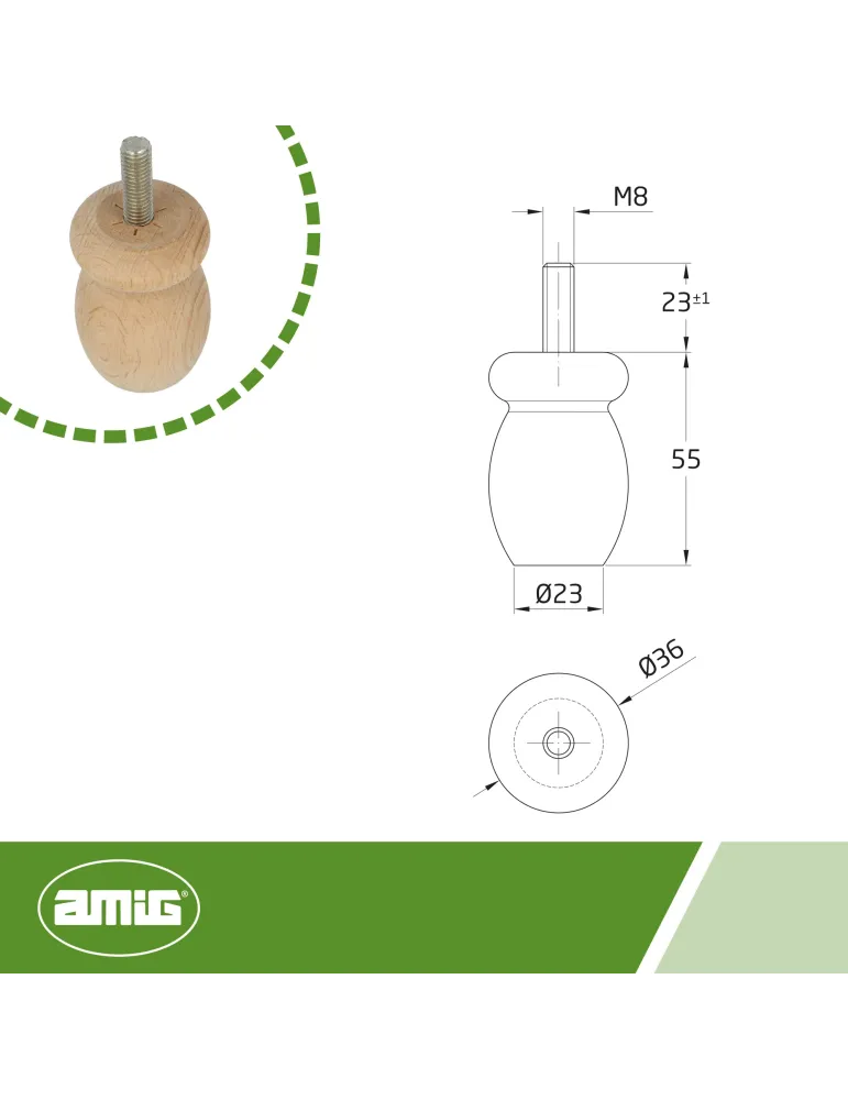 Pata para mueble 33 - Ø36 x 55 mm - Madera - Haya