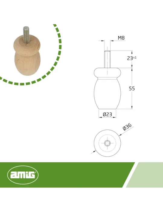Pata para mueble 33 - Ø36 x 55 mm - Madera - Haya