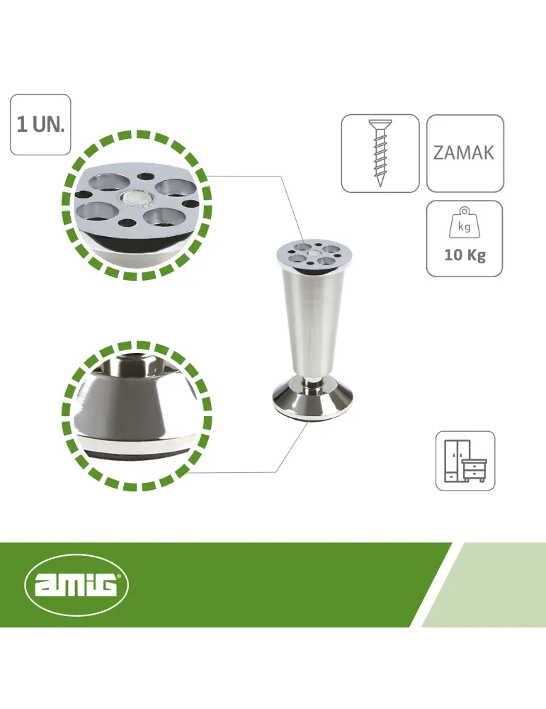 Pata para mueble 8 - 100 mm - Zamak - Níquel cepillado