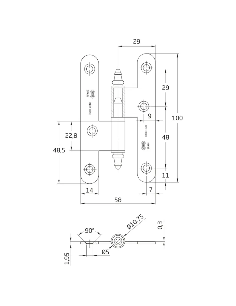 Pernio 407 - 100 x 58 x 2 mm - Acero inoxidable 18/8 - Mate - Izquierda