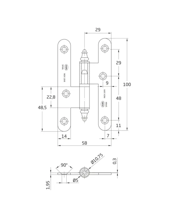 Pernio 407 - 100 x 58 x 2 mm - Acero inoxidable 18/8 - Mate - Izquierda