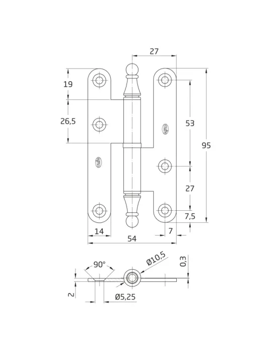 Pernio 408E - 95 x 54 x 2 mm - Acero - Lacado dorado - Derecha