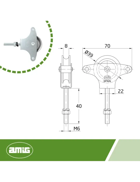 Polea metálica 3 - M6 x 40 mm - Acero - Zincado