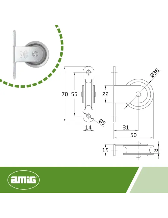 Polea metálica 8 - Ø38 mm - Acero - Zincado