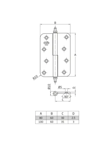 Bisagra 1070 - 80 x 60 x 2,5 mm - Latón - Pulido - Izquierda 2