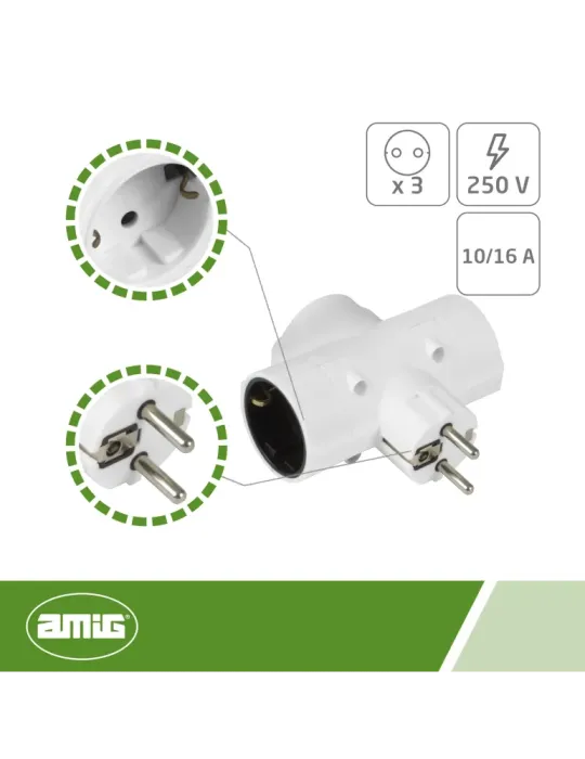 Adaptador schuko de 3 vías 3208 - 97 x 100 x 43 mm - Policarbonato - Blanco