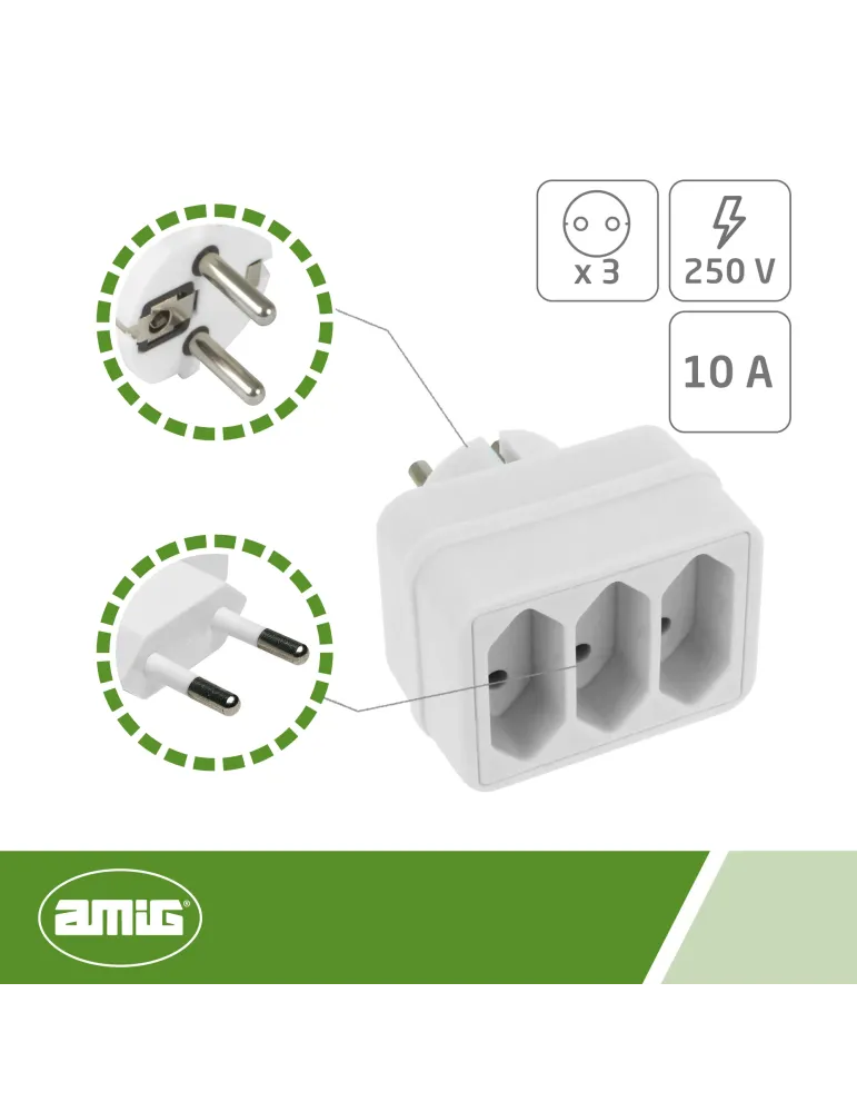 Adaptador de 3 vías 3206 - 65 x 48 x 75 mm - Policarbonato - Blanco