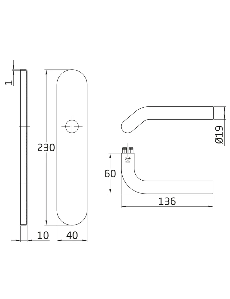 AMIG 10436 - Manilla con placa 20P - 230 x 40 mm - Acero inoxidable 18/8 - Mate
