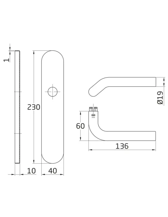 AMIG 10436 - Manilla con placa 20P - 230 x 40 mm - Acero inoxidable 18/8 - Mate