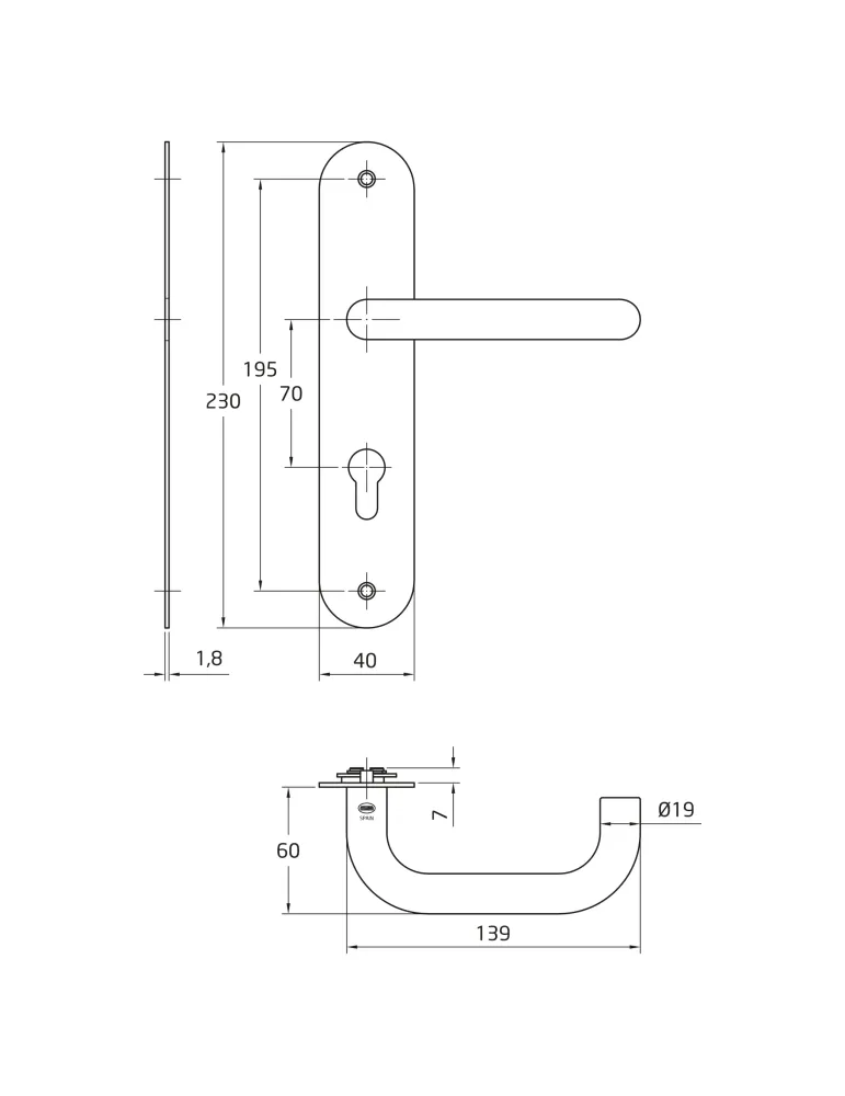 AMIG 10442 - Manilla con placa 3LB - 230 x 40 mm - Acero inoxidable 18/8 - Mate