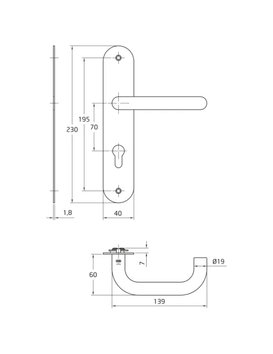 AMIG 10442 - Manilla con placa 3LB - 230 x 40 mm - Acero inoxidable 18/8 - Mate