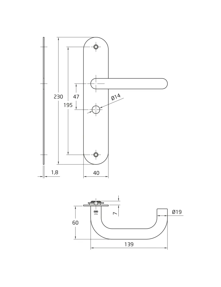 AMIG 10445 - Manilla con placa 3LW - 230 x 40 mm - Acero inoxidable 18/8 - Mate