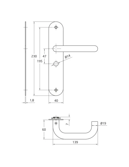 AMIG 10445 - Manilla con placa 3LW - 230 x 40 mm - Acero inoxidable 18/8 - Mate