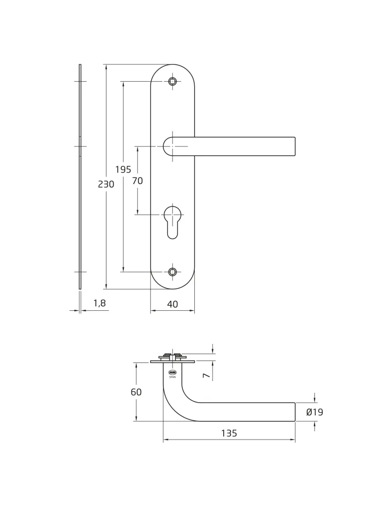 AMIG 10449 - Manilla con placa 4LB - 230 x 40 mm - Acero inoxidable 18/8 - Mate