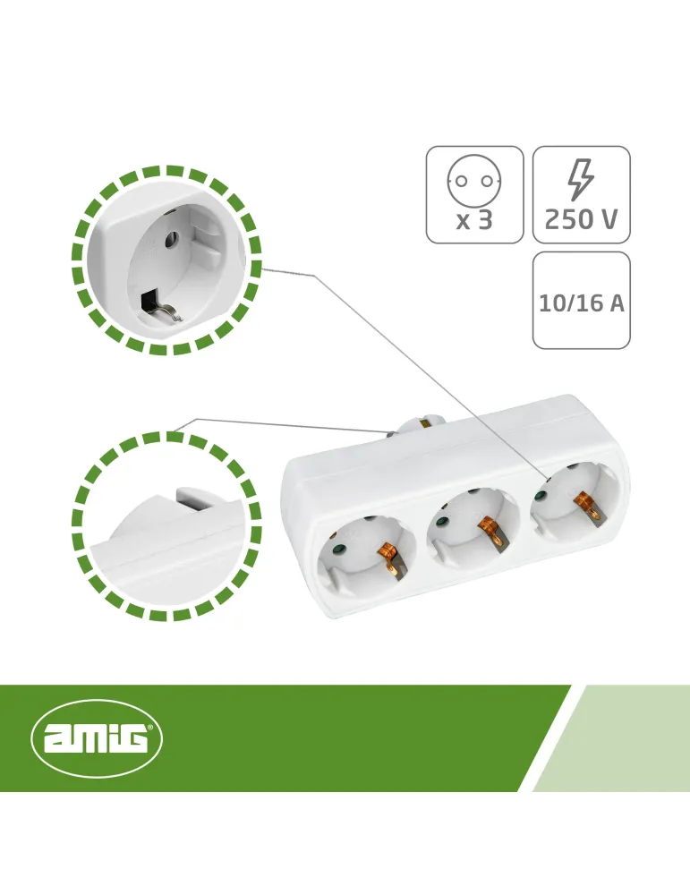 Adaptador schuko de 3 vías 3210 - Policarbonato - Blanco