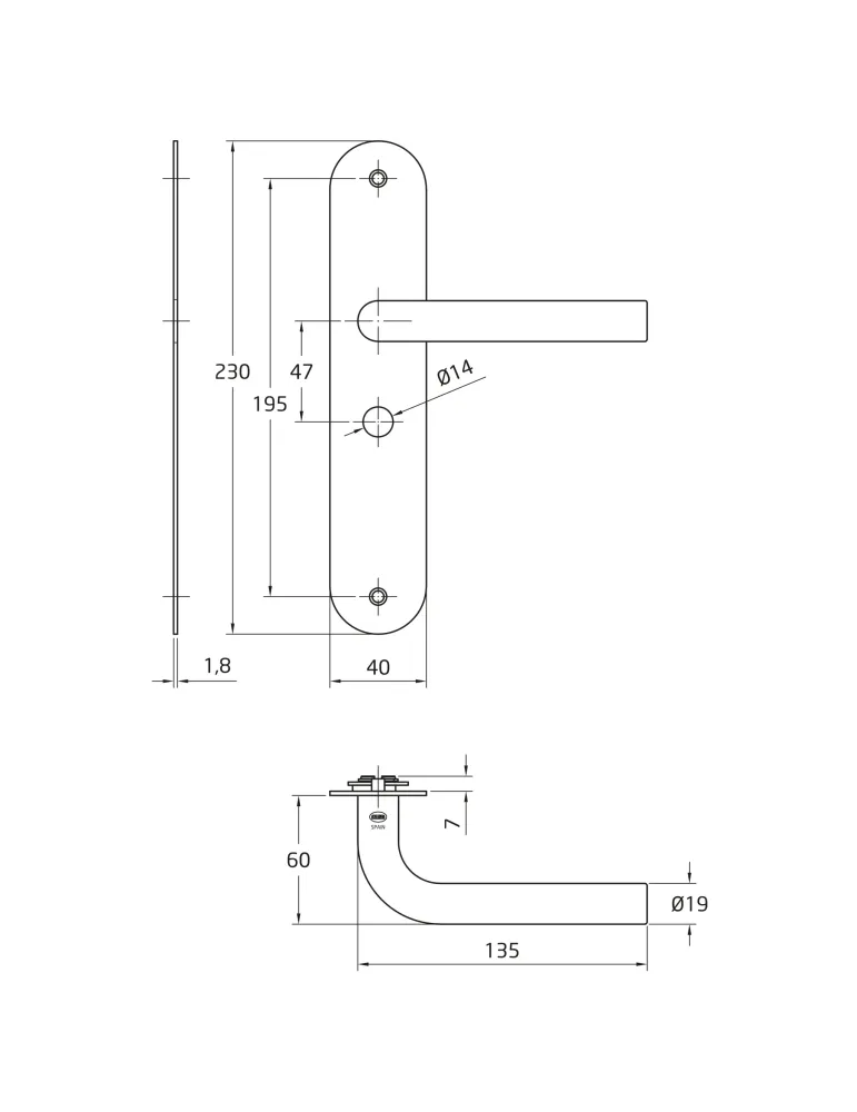 AMIG 10452 - Manilla con placa 4LW - 230 x 40 mm - Acero inoxidable 18/8 - Mate