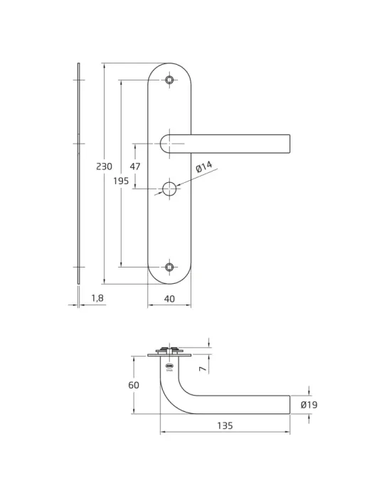 AMIG 10452 - Manilla con placa 4LW - 230 x 40 mm - Acero inoxidable 18/8 - Mate