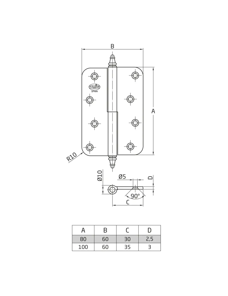 Bisagra 1070 - 80 x 60 x 2,5 mm - Latón - Pulido - Izquierda