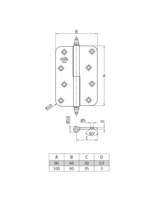 Bisagra 1070 - 80 x 60 x 2,5 mm - Latón - Pulido - Izquierda