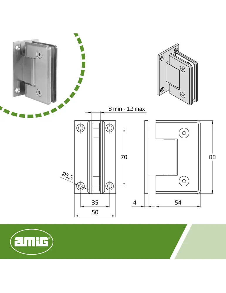 Bisagra de ducha A - 88 x 54 mm - Zamak - Níquel mate
