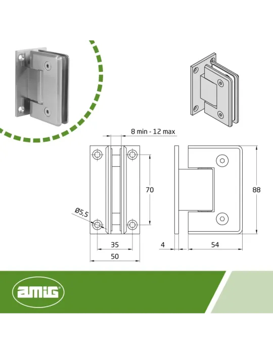 Bisagra de ducha A - 88 x 54 mm - Zamak - Níquel mate