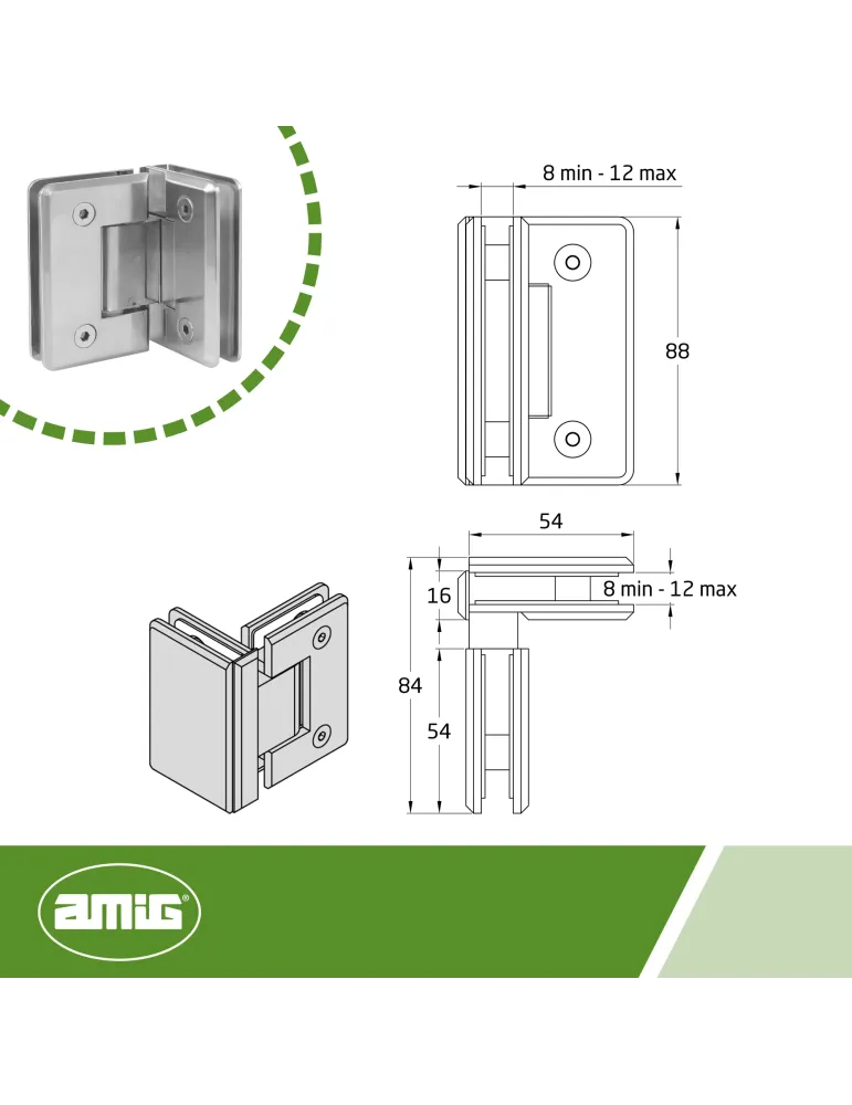 Bisagra de ducha B - 88 x 54 mm - Zamak - Níquel mate