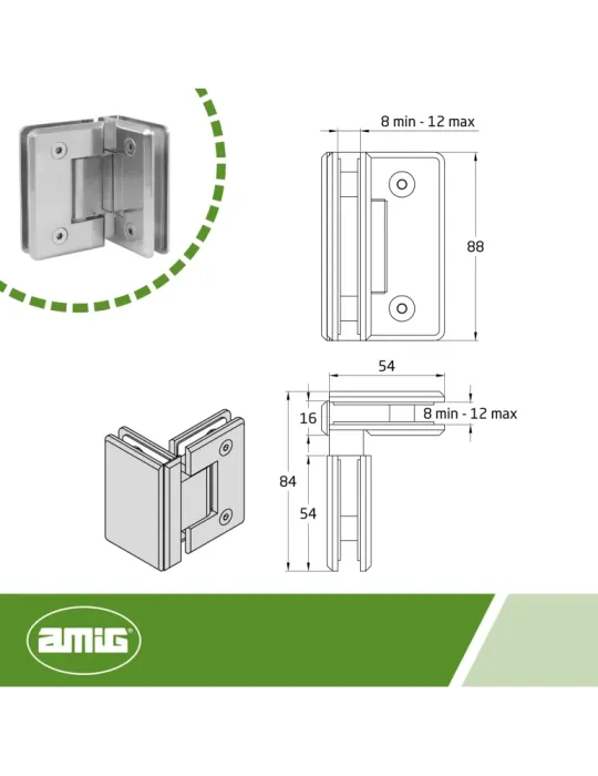 Bisagra de ducha B - 88 x 54 mm - Zamak - Níquel mate