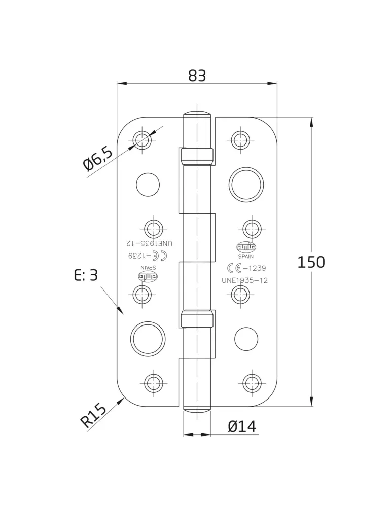 Bisagra seguridad 569C - 150 x 83 x 3 mm - Acero inoxidable 18/8 - Mate