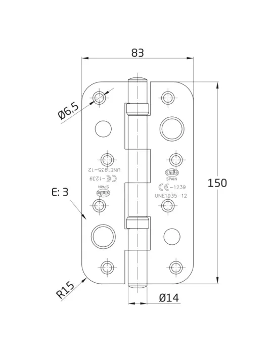Bisagra seguridad 569C - 150 x 83 x 3 mm - Acero inoxidable 18/8 - Mate