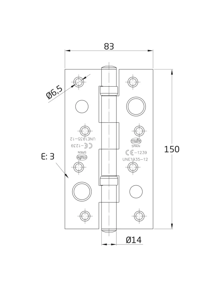 Bisagra seguridad 570C - 150 x 83 x 3 mm - Acero inoxidable 18/8 - Mate