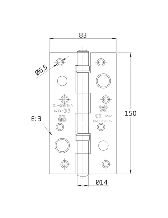 Bisagra seguridad 570C - 150 x 83 x 3 mm - Acero inoxidable 18/8 - Mate