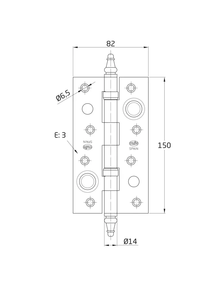 Bisagra seguridad latón 567 - 150 x 82 x 3 mm - Latón - Mate