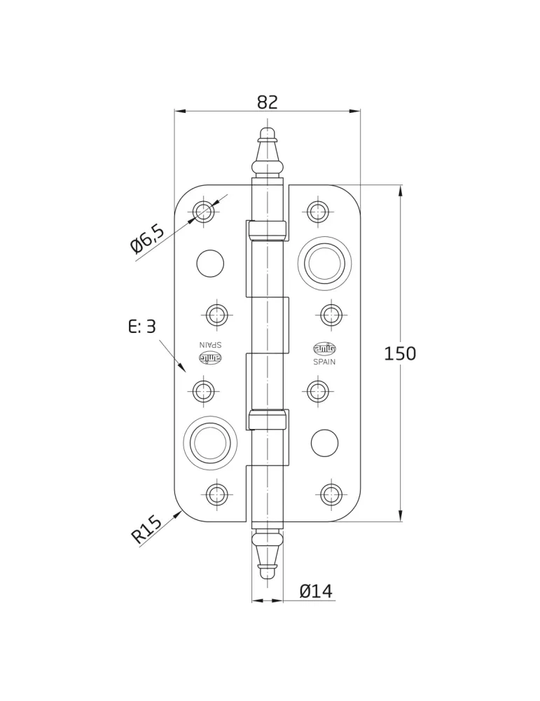 Bisagra seguridad latón 568 - 150 x 82 x 3 mm - Latón - Mate