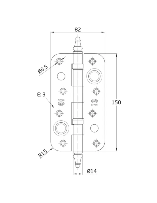 Bisagra seguridad latón 568 - 150 x 82 x 3 mm - Latón - Mate