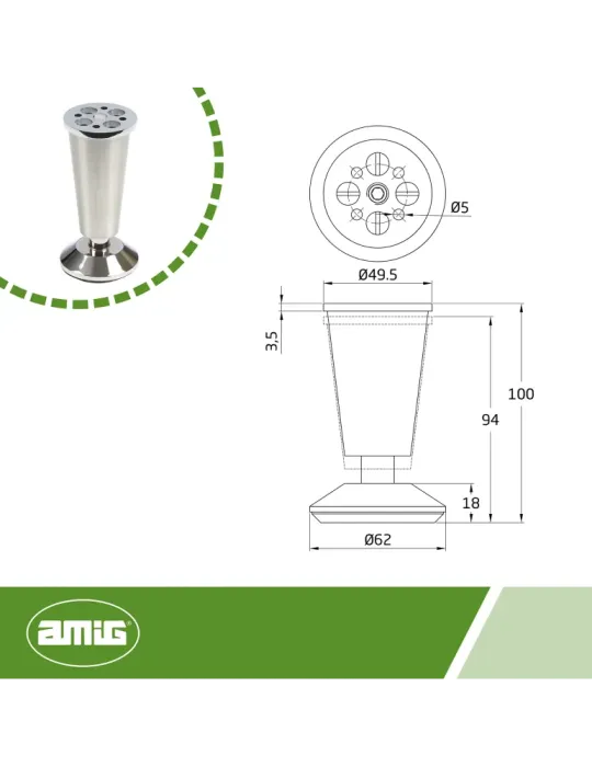 Pata para mueble 8 - 100 mm - Zamak - Níquel cepillado