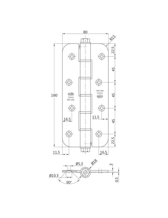 Bisagra simple acción 3031R - 180 x 80 x 3 mm - Acero inoxidable 18/8 - Mate