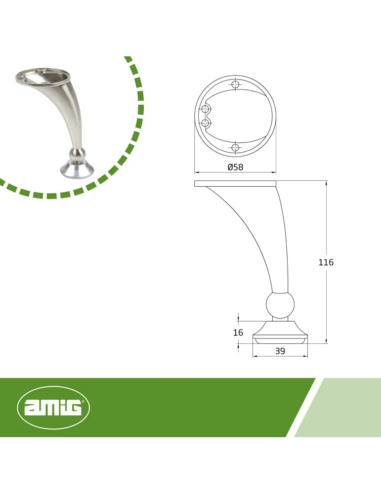 Pata para mueble 13 - 120 mm - Zamak - Níquel cepillado